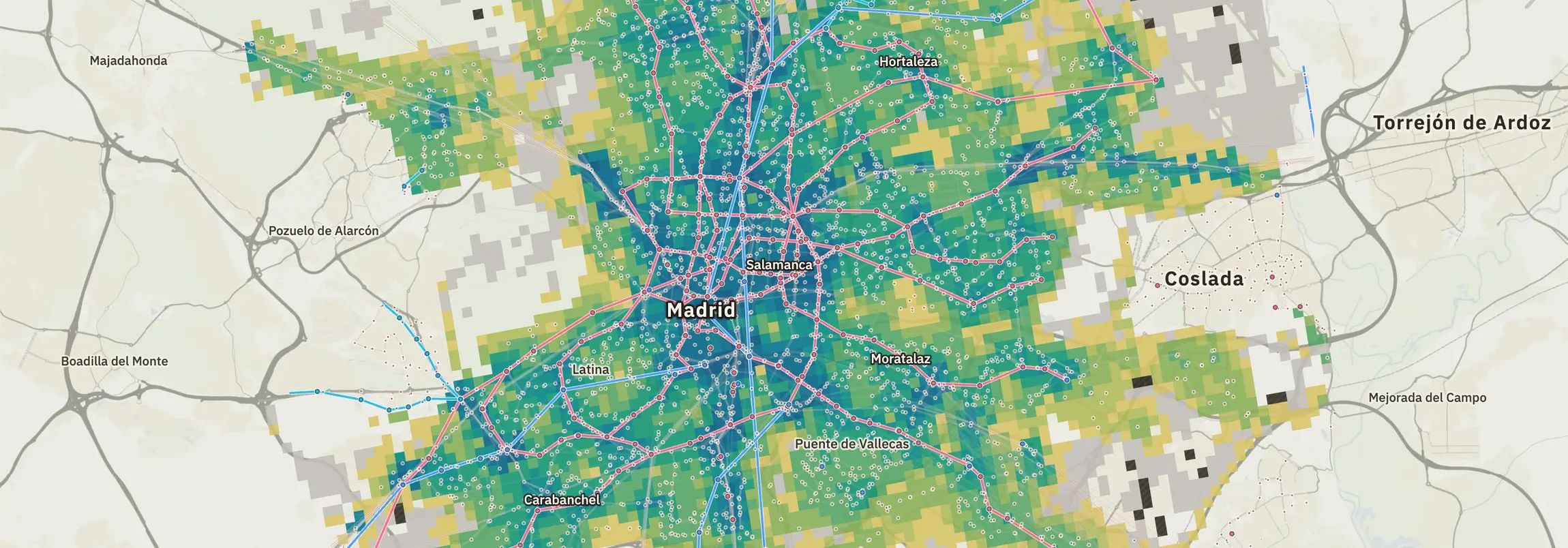 The live Spatial Spine Madrid viewer: a 250 m access grid with transit lines and stops