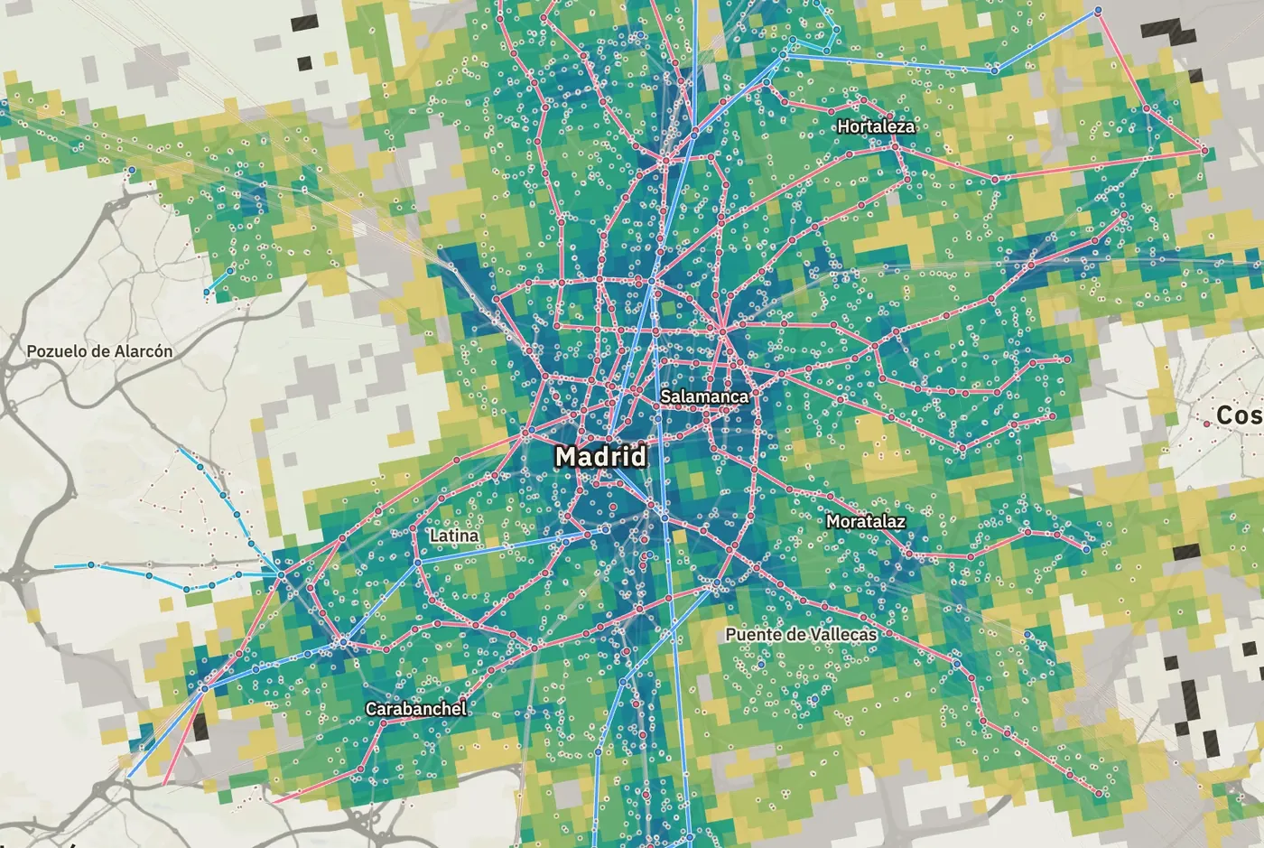 Transit access across Madrid on a 250 m grid, from the live Spatial Spine demo